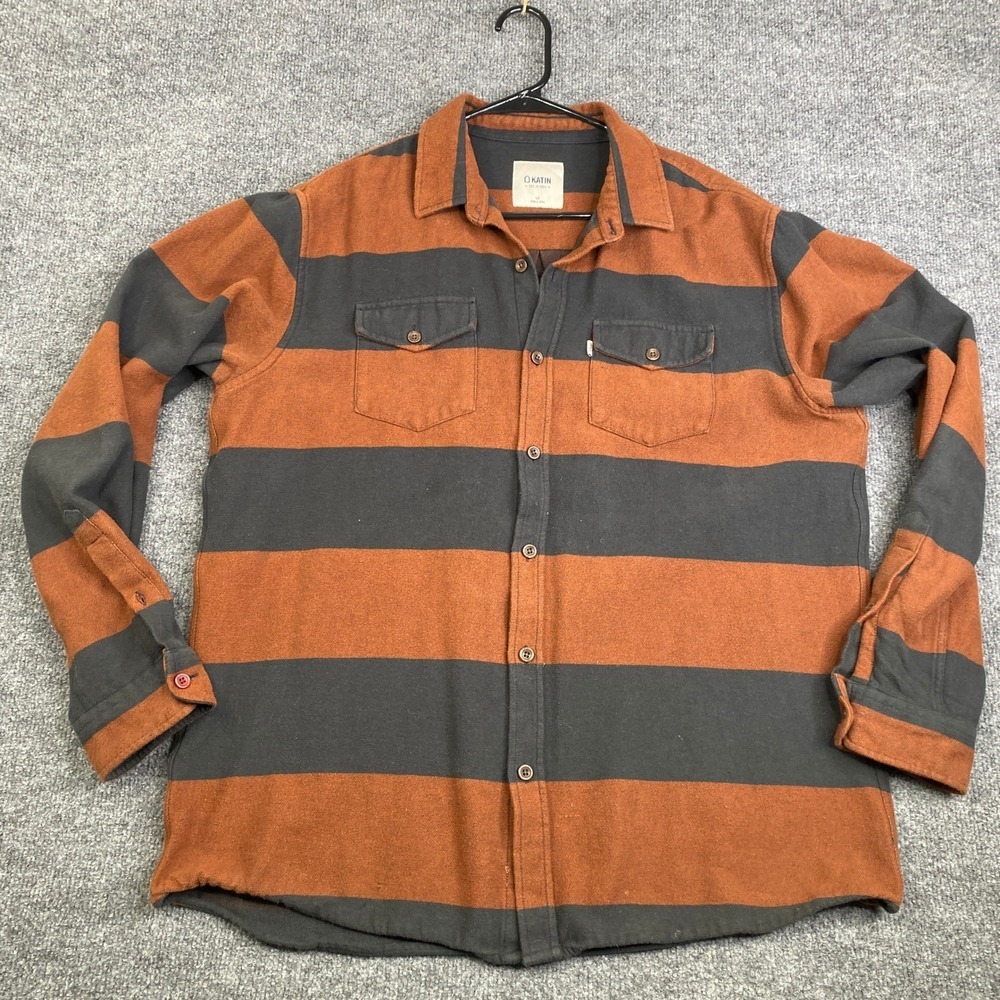 Katin Mens Striped Flannel Shirt Orange Charcoal Grey Long Sleeve Button Down LG
